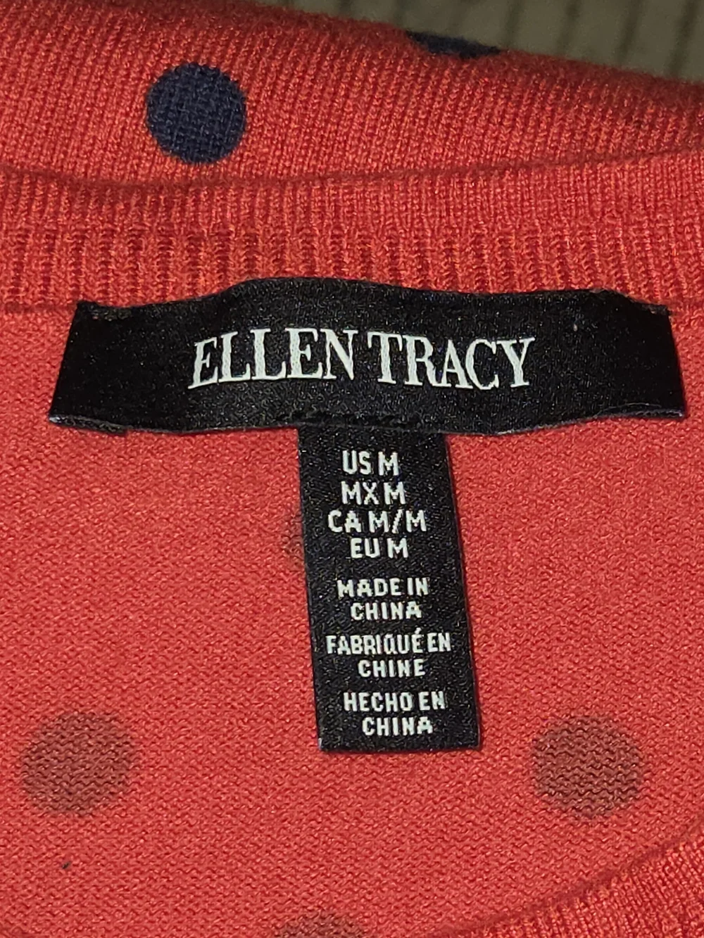 Ellen Tracy Red Sweater with Navy Polka Dots - Picture 7 of 8